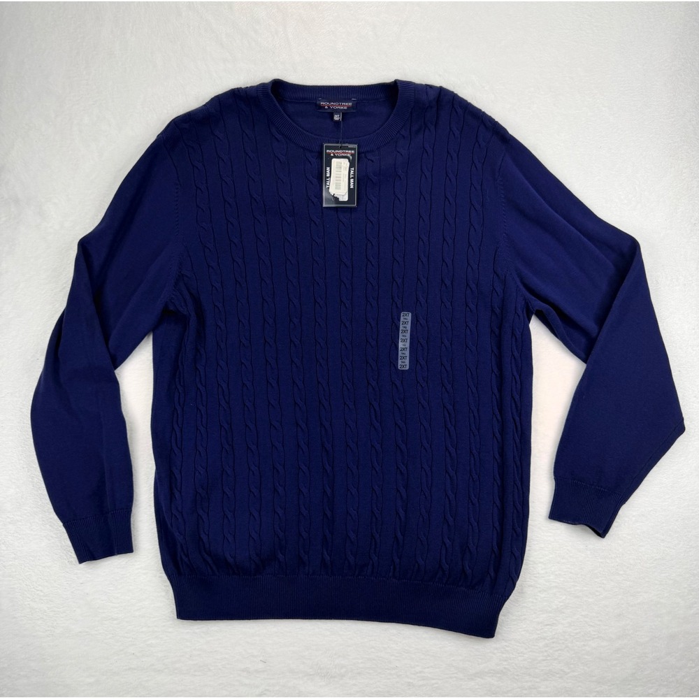 Roundtree & Yorke Mens 2XT Tall Navy Blue Cable Knit Crew Neck Sweater New